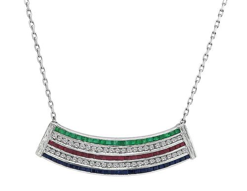 Round Cut Diamond Square Cut Sapphire Ruby and Emerald 18k White Gold Pendant Necklace