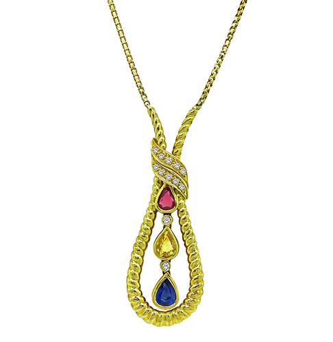 Pear Shape Pink Yellow and Blue Sapphire Round Cut Diamond 18k Yellow Gold Pendant Necklace