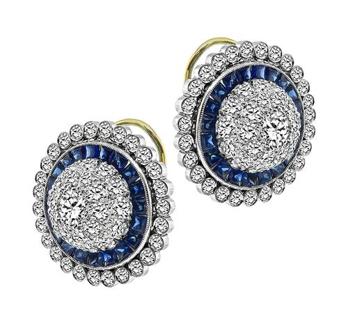 Round Cut Diamond Calibre Cut Sapphire Platinum and Gold Earrings