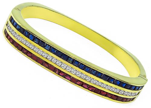 Carre Cut Diamond Square Cut Ruby and Sapphire 18k Yellow Gold Bangle