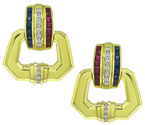 Baguette Cut Diamond Square Cut Sapphire Ruby 18k Yellow Gold Door Knocker Earrings