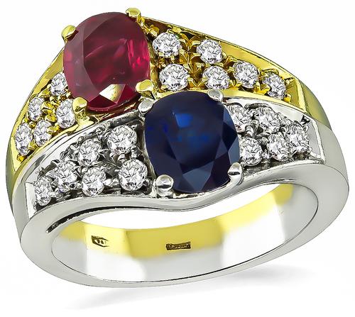 Cushion Sapphire Cabochon Ruby Round Cut Diamond Two Tone 18k Yellow and White Gold Ring