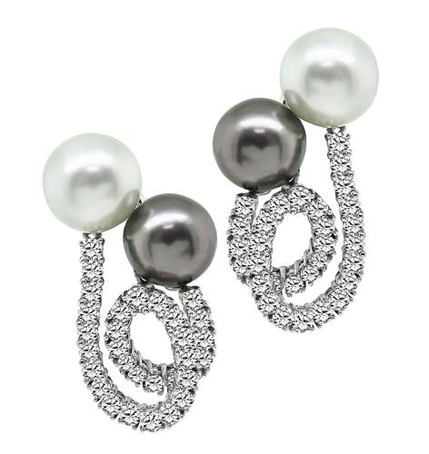 Round Cut Diamond South Sea Pearl 18k White Gold and Platinum Earrings