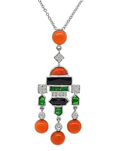 Round Cut Diamond Coral Onyx Tsavorite 18k White Gold Pendant Necklace