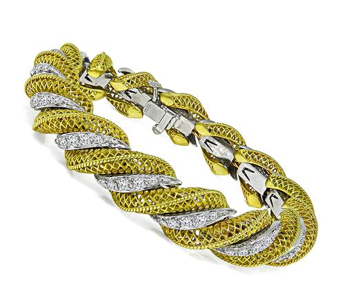 Vintage Round Cut Diamond Two Tone 14k Yellow and White Gold Bracelet