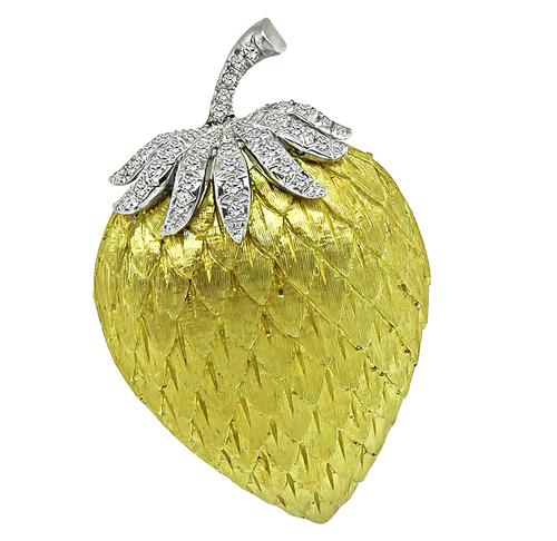 Round Cut Diamond 18k Yellow and White Gold Strawberry Pin