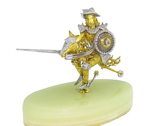 Round Cut Diamond 18k Yellow and White Gold Don Quijote Statuette / Pin