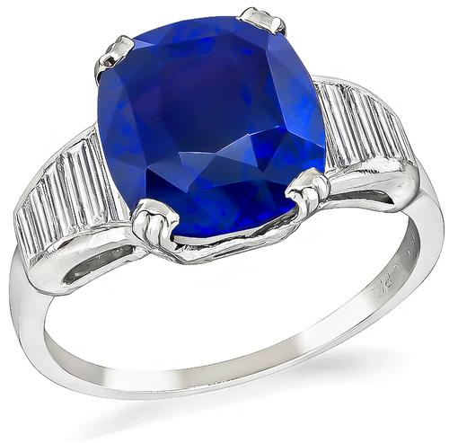 1950s Cushion Cut Sapphire Baguette Cut Diamond Platinum Engagement Ring
