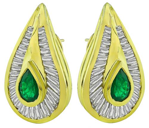 Pear Shape Emerald Baguette Cut Diamond 18k Yellow Gold Earrings