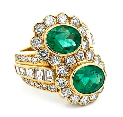 Oval Cut Emerald Round and Emerald Cut Diamond 18k Yellow Gold Ring
