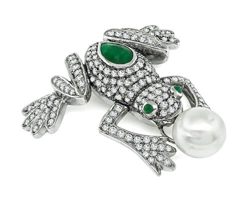 Pearl Round Cut Diamond Pear and Cabochon Cut Emerald 18k White Gold Frog Pin