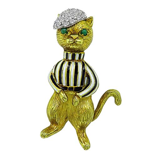 Round Cut Diamond Enamel 18k Yellow and White Gold Cat Pin