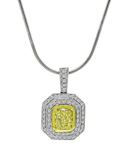 Radiant Cut Fancy Yellow Diamond Round Cut Diamond 18k White and Yellow Gold Pendant Necklace