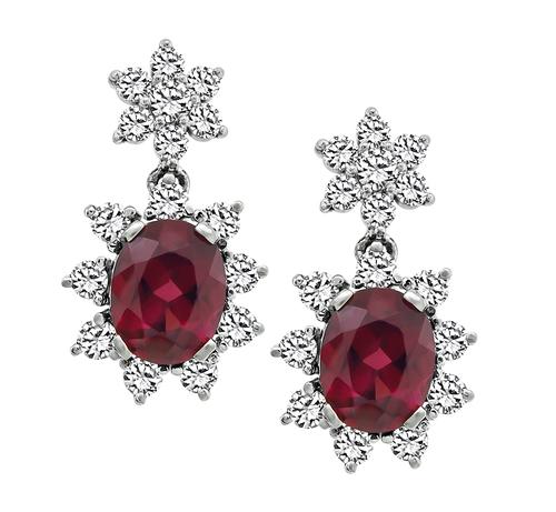 Oval Cut Garnet Round Cut Diamond 14k White Gold Earrings