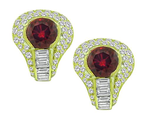 Round Cut Garnet Round and Baguette Cut Diamond 14k Yellow Gold Earrings