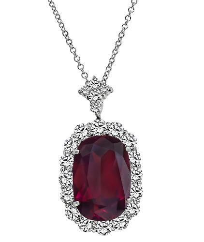 Cushion Cut Garnet Round Cut Diamond Platinum Pendant Necklace