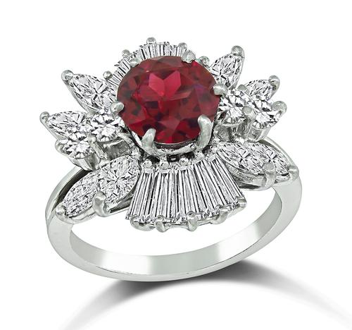 Round Cut Garnet Baguette Marquise and Round Cut Diamond Platinum Ring