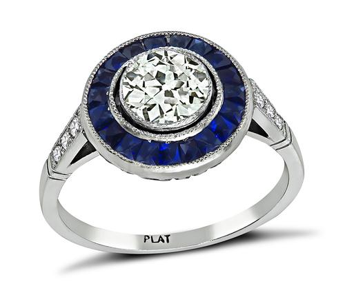 Old European Cut Diamond Sapphire Platinum Engagement Ring