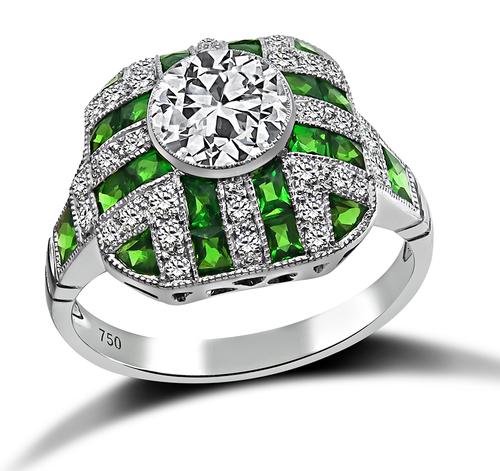 Estate European Cut Diamond French Cut Tsavorite 18k White Gold Engagement Ring