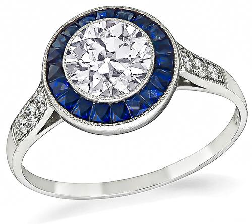 Art Deco Style Old European Cut Diamond Sapphire Platinum Engagement Ring