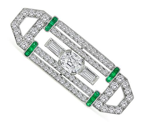 Emerald Baguette and Round Cut Diamond Emerald Platinum Pin