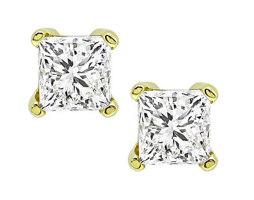 0.52ct and 0.52ct Princess Cut Diamond 14k Yellow Gold Studs Earrings