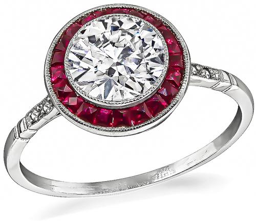 Art Deco Style Old Mine Cut Diamond Ruby Platinum Engagement Ring