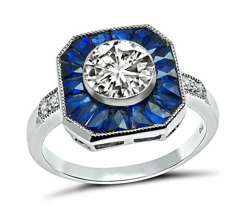 Round Cut Diamond Modified Faceted Cut Sapphire 18k White Gold Engagement Ring