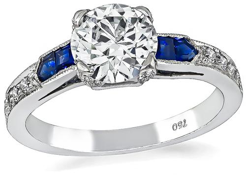 Art Deco Style Round Brilliant Cut Diamond Sapphire 18k White Gold Engagement Ring