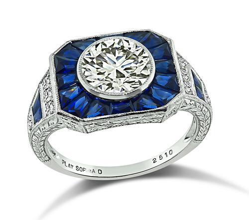 Old European Cut Diamond Sapphire Platinum Engagement Ring by Sophia D. 