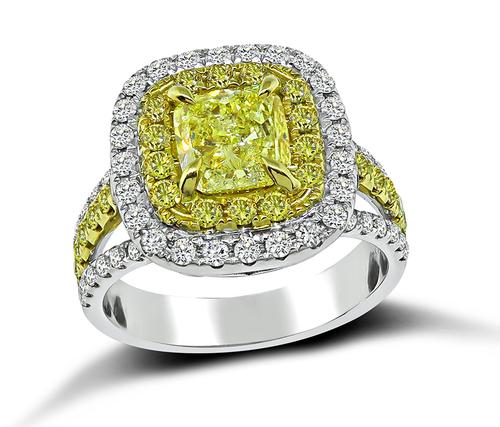 Cushion Cut Yellow Diamond Round Cut Yellow and White Diamond 18k Yellow and White Gold Engagement Ring
