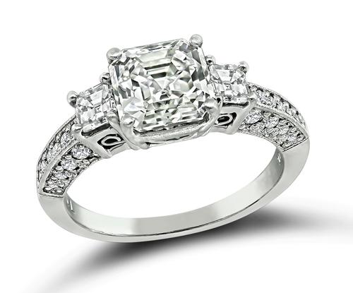 Asscher and Round Cut Diamond Platinum Engagement Ring and Wedding Band Set