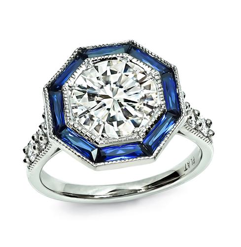 Round Cut Diamond Baguette Cut Sapphire Platinum Engagement Ring