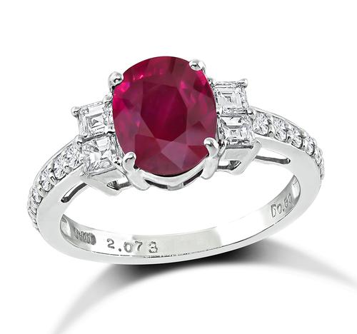 Oval Cut No Heat Ruby Carre and Round Cut Diamond Platinum Engagement Ring