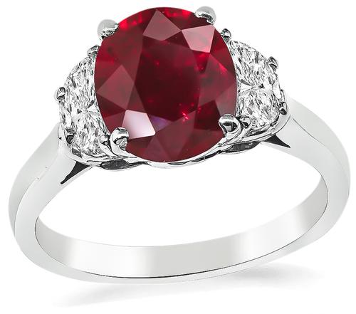 Oval Cut Ruby Faceted Half Moon Cut Diamond 18k White Gold Engagement Ring