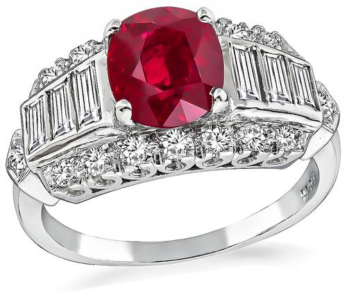 Oval Cut Burma Ruby Baguette and Round Cut Diamond 14k White Gold Engagement Ring