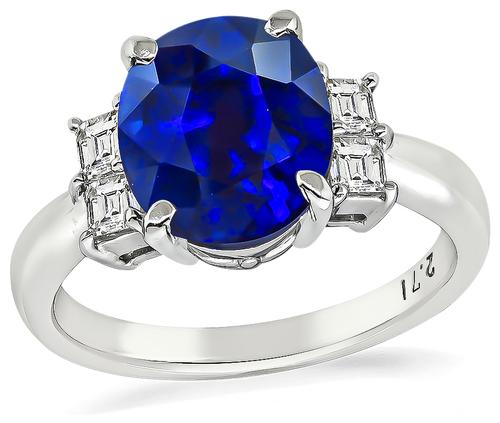 Oval Cut Sapphire Carre Cut Diamond Platinum Engagement Ring