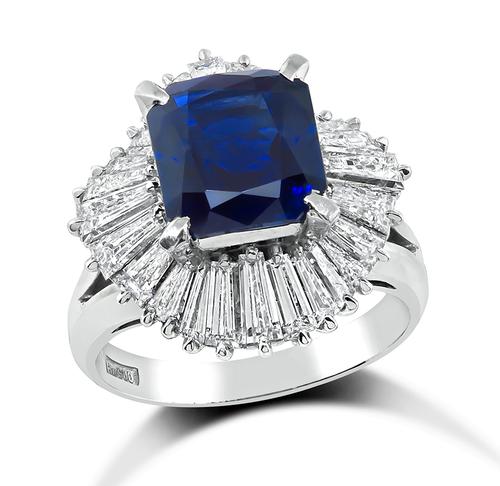 Cushion Cut Sapphire Baguette Cut Diamond Platinum Engagement Ring