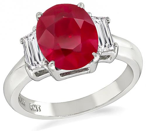 Oval Cut Burmese Ruby Trapezoid Cut Diamond Platinum Engagement Ring