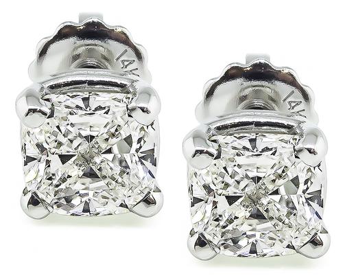 Cushion Cut Diamond 14k White Gold Studs Earrings