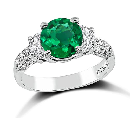 Round Cut Emerald Half Moon and Round Cut Diamond Platinum Engagement Ring by JB Star