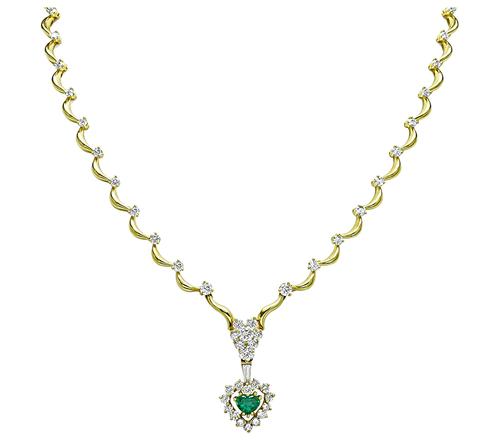 Heart Shape Emerald Round and Baguette Cut Diamond 18k Yellow Gold Necklace