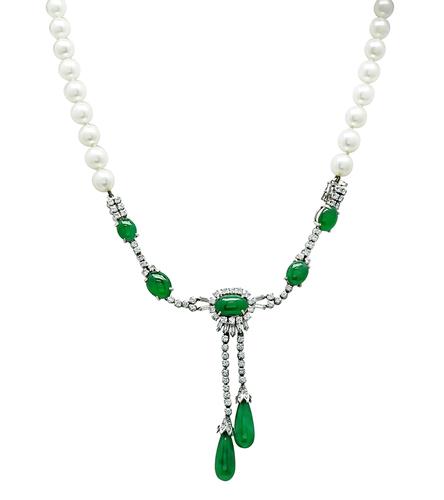 Cabochon and Tear Drop Jade Baguette and Round Cut Diamond Platinum Pearl Necklace by Marsh's