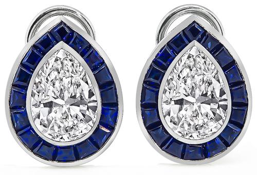 Pear Shape Diamond Faceted Cut Sapphire Platinum Earrings