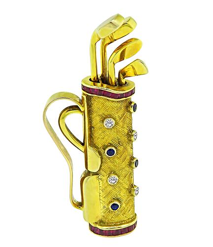 Diamond Sapphire and Ruby 14k Yellow Gold Golf Bag Pin