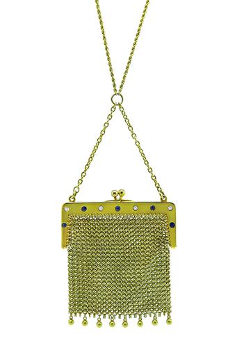 Round Cut Diamond and Sapphire 14k Yellow Gold Mesh Purse Necklace