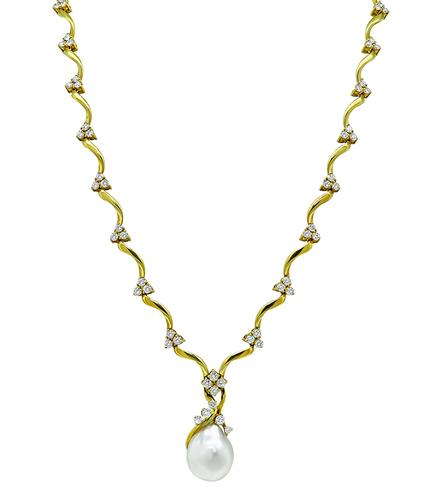 Round Cut Diamond Baroque Pearl 18k Yellow Gold Necklace by Gubelin