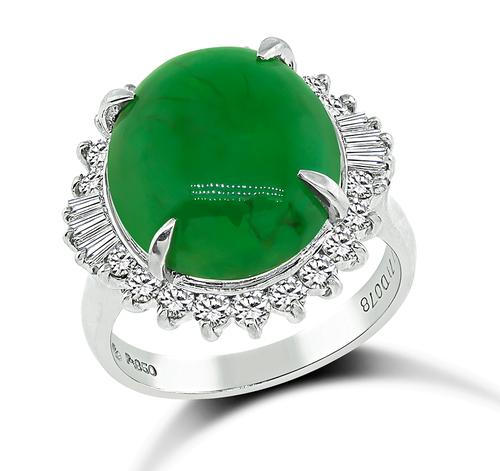 Cabochon Jade Round and Baguette Cut Diamond Platinum Ring