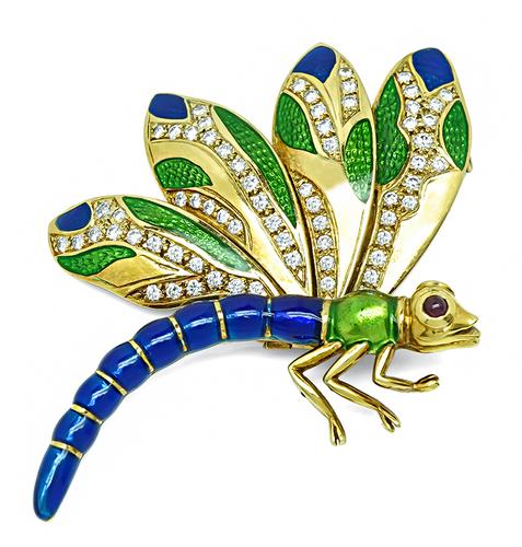 Round Cut Diamond Enamel 18k Yellow Gold Dragonfly Pin by Judith Lieber