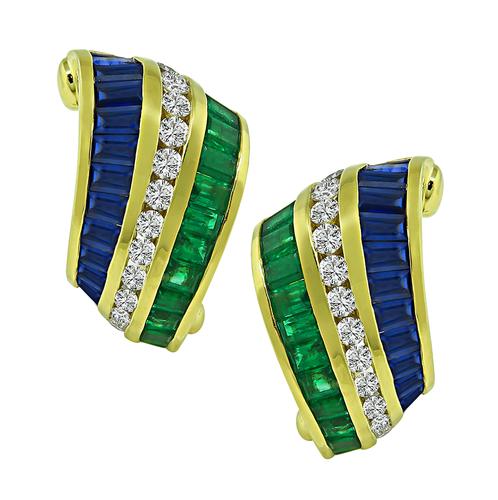 Round Cut Diamond Baguette Cut Sapphire and Emerald 18k Yellow Gold Earrings by Krypell